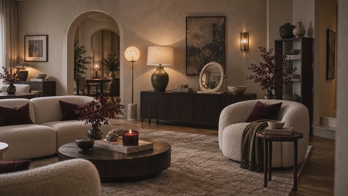 Load video: A warm NORVELLE interior featuring sculptural lighting, a travertine mirror, and a burgundy candle from The Signature Edit